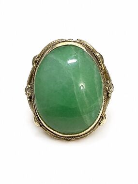 Antique Jadeite Silver Ring Green Jade Filigree Statement 8.21g